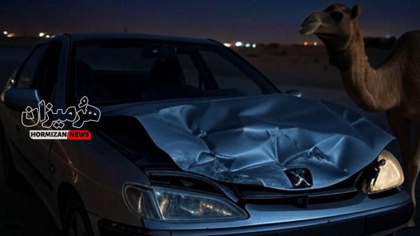 برخورد مرگبار پژو پارس با شتر سرگردان در جاده فرودگاه قشم